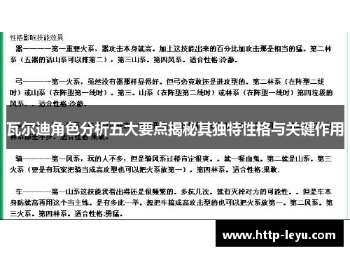 瓦尔迪角色分析五大要点揭秘其独特性格与关键作用